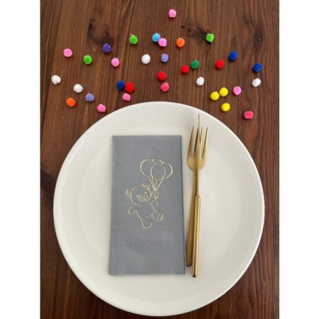 Gold Yaldızlı Gri Sevimli Ayı Baskılı Garson Katlama Peçete 16 Adet