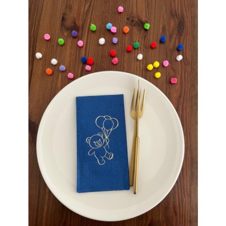 Gold Yaldızlı Bodrum Mavisi Sevimli Ayı Baskılı Garson Katlama Peçete 16 Adet