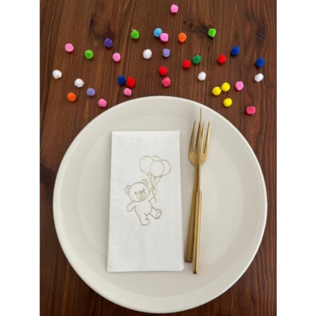 Gold Yaldızlı Beyaz Sevimli Ayı Baskılı Garson Katlama Peçete 16 Adet