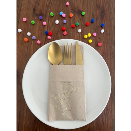 Kraft Üzeri Gold Yaldızlı Sevimli Ayı Baskılı Kanguru Cepli Peçete 12 Adet