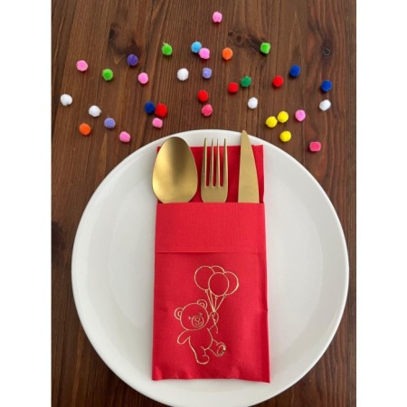 Kırmızı Üzeri Gold Yaldızlı Sevimli Ayı Baskılı Kanguru Cepli Peçete 12 Adet