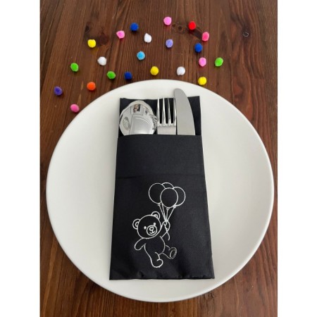 Siyah Üzeri Gümüş Yaldızlı Sevimli Ayı Baskılı Kanguru Cepli Peçete 12 Adet