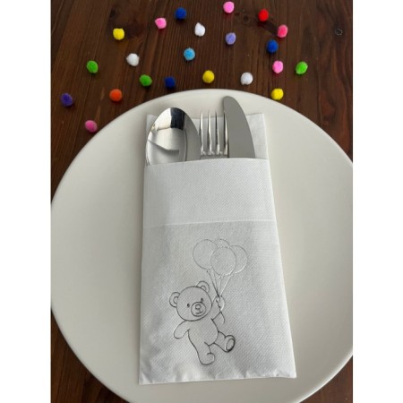 Beyaz Üzeri Gümüş Yaldızlı Sevimli Ayı Baskılı Kanguru Cepli Peçete 12 Adet