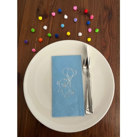 Gümüş Yaldızlı Mavi Sevimli Ayı Baskılı Garson Katlama Peçete 16 Adet