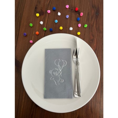 Gümüş Yaldızlı Gri Sevimli Ayı Baskılı Garson Katlama Peçete 16 Adet