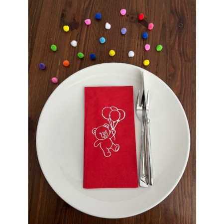 Gümüş Yaldızlı Kırmızı Sevimli Ayı Baskılı Garson Katlama Peçete 16 Adet