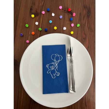 Gümüş Yaldızlı Bodrum Mavisi Sevimli Ayı Baskılı Garson Katlama Peçete 16 Adet