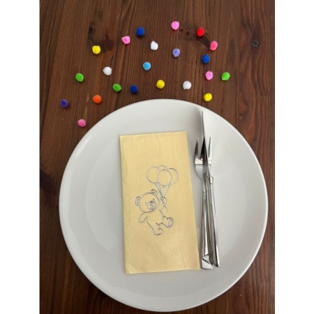 Gümüş Yaldızlı Sarı Sevimli Ayı Baskılı Garson Katlama Peçete 16 Adet