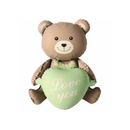 Yeşil Kalpli Oturan Ayı Folyo Balon 105x66,5 cm