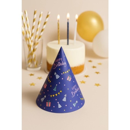 Happy Bırthday Baskılı  Mavi Karton Şapka 20 cm