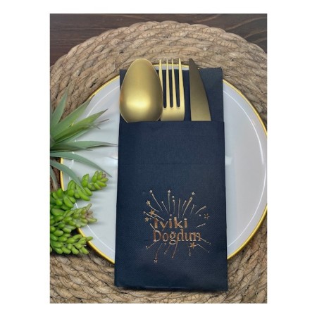 Gold Yaldızlı Siyah Cepli İyi ki Doğdun Peçete 12 Adet 40x40