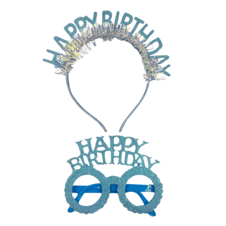 Plastik Happy Bırthday Simli Taç Gözlük Mavi 2 li Set