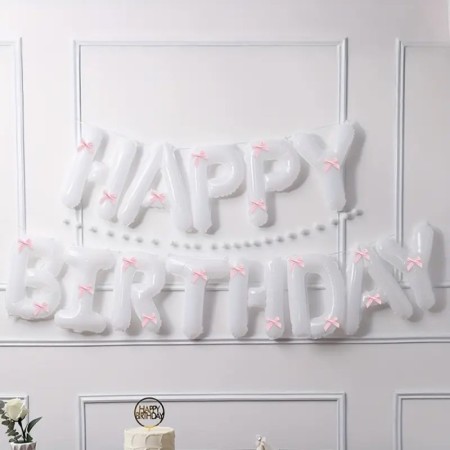 Pembe Kurdeleli Happy Bırthday Beyaz Folyo Balon Seti 33 Parça