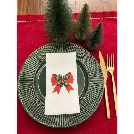 Zarif Kırmızı Fiyonk Baskılı Yılbaşı Peçetesi Beyaz 12 Adet