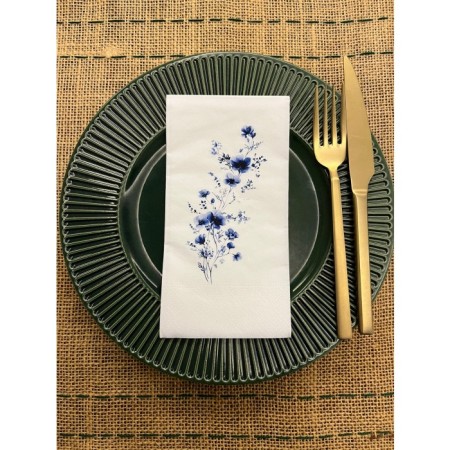 Mavi Çiçekler (Blue Flowers) Baskılı Sunum Peçetesi Beyaz 16 Adet