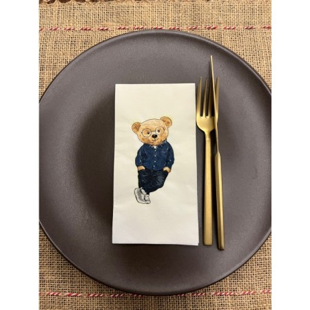 Mavi Gömlekli Sevimli Ayı Baskılı Peçete Beyaz 16 Adet