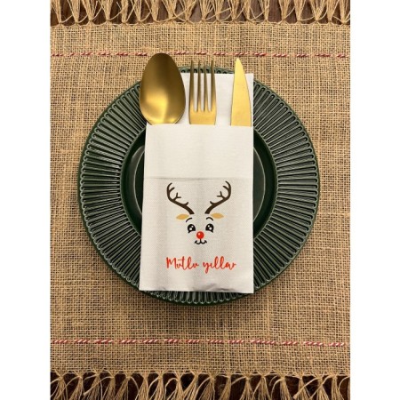 Geyik Mutlu Yıllar Baskılı Yılbaşı Kanguru Cepli Peçete Beyaz12 Adet