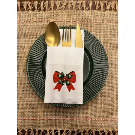 Yılbaşı Zarif Kırmızı Fiyonk Baskılı Kanguru Cepli Peçete Beyaz12 Adet