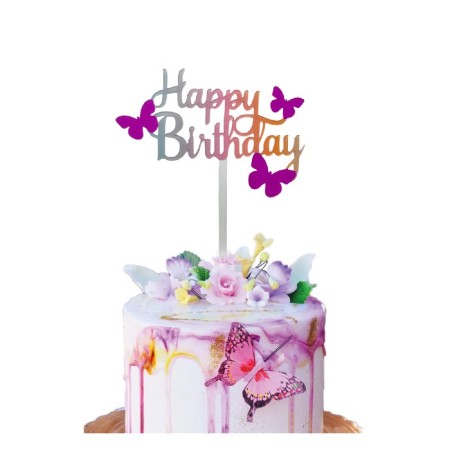 Pasta Üstü Çubuklu Happy Birthday Kelebek Renkli 11x12 cm