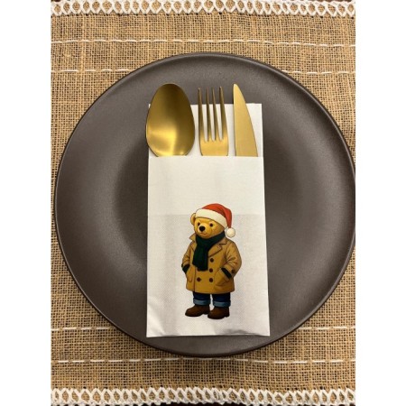 Kırmızı Şapkalı Sevimli Ayı Baskılı Yılbaşı Kanguru Cepli Peçete Beyaz12 Adet