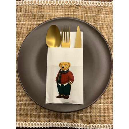 Kırmızı Gömlekli Sevimli Ayı Baskılı Yılbaşı Kanguru Cepli Peçete Beyaz12 Adet