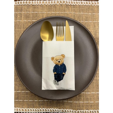 Mavi Gömlekli Sevimli Ayı Baskılı Yılbaşı Kanguru Cepli Peçete Beyaz12 Adet