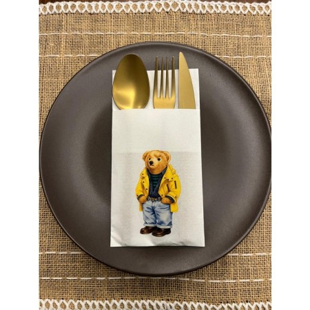 Sarı Ceketli Sevimli Ayı Baskılı Yılbaşı Kanguru Cepli Peçete Beyaz12 Adet