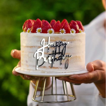 Pasta Önü Plexi Happy Birthday Yazı Gümüş 10x7 Cm