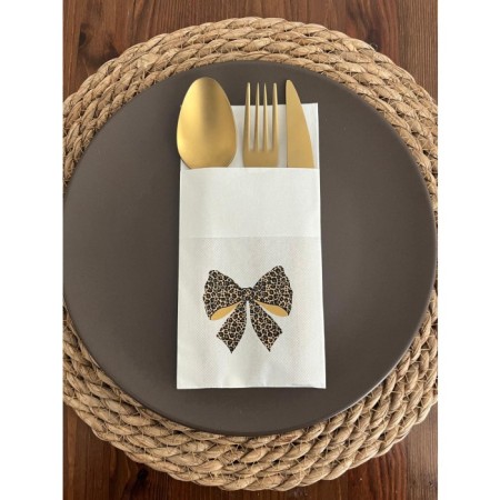 Zarif Leopar Fiyonk Baskılı Kanguru Cepli Peçete Beyaz12 Adet