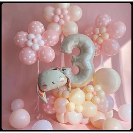 Çiçekli Tavşan Krem Yaş Balon Seti