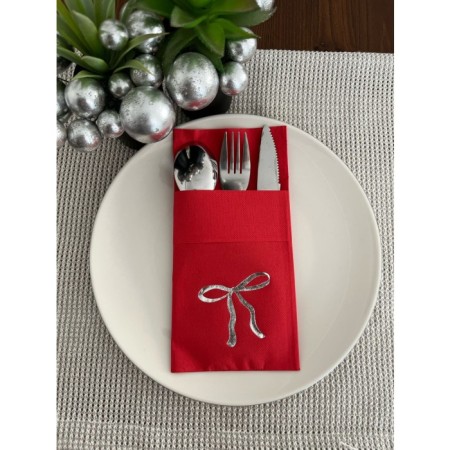 Gümüş Yaldızlı Kumaş Dokulu Air Laid Kanguru Fiyonk Kırmızı Cepli Peçete 6 lı