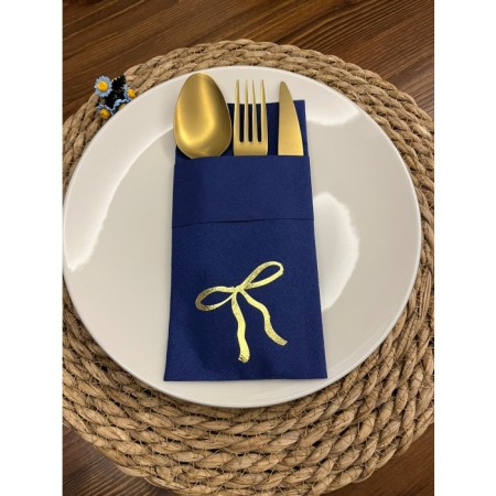 Gold Yaldızlı Kumaş Dokulu Air Laid Kanguru Fiyonk Lacivert Cepli Peçete 6 lı