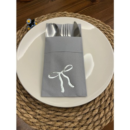 Gümüş Yaldızlı Kumaş Dokulu Air Laid Kanguru Fiyonk Gri Cepli Peçete 6