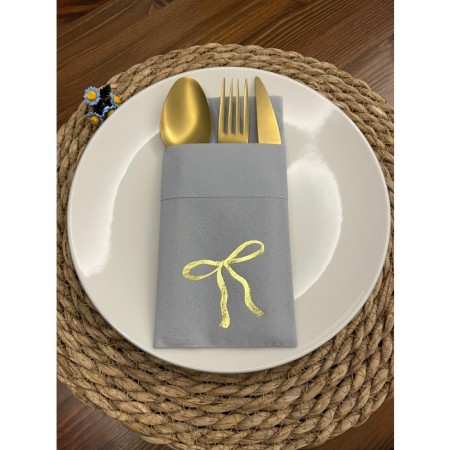 Gold Yaldızlı Kumaş Dokulu Air Laid Kanguru Fiyonk Gri Cepli Peçete 6 Adet