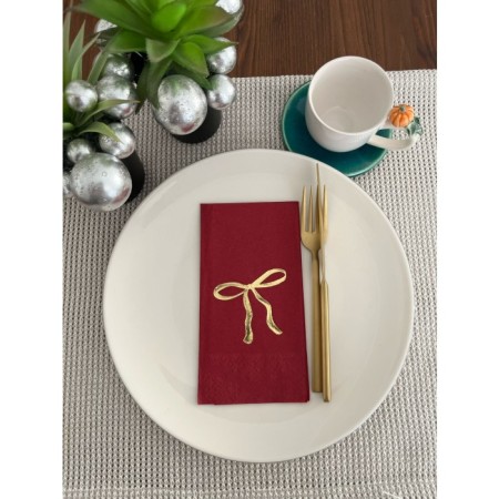 Gold Yaldızlı Vişne Renkli Fiyonk Baskılı Garson Katlama Peçete 16 Adet