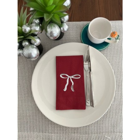 Gümüş Yaldızlı Vişne Renkli Fiyonk Baskılı Garson Katlama Peçete 16 lı