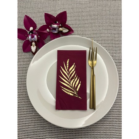Gold Yaldızlı Vişne Renkli Yaprak Baskılı Garson Katlama Peçete 16 Adet