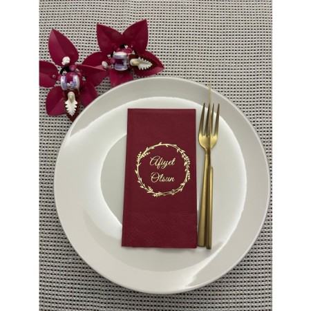 Gold Yaldızlı Vişne Renkli Afiyet Olsun Baskılı Garson Katlama Peçete 16 Adet