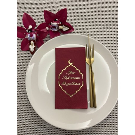 Gold Yaldızlı Vişne Renkli İftar Soframıza Hoşgeldiniz Garson Peçete 16 Adet