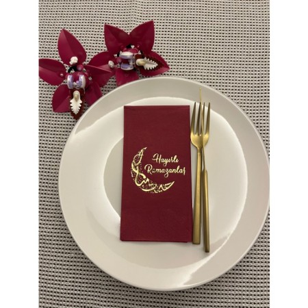 Gold Yaldızlı Vişne Renkli Hayırlı Ramazanlar Ay Desenli Garson Katlama Peçete 16 Adet