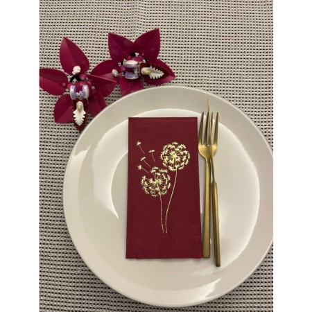 Gold Yaldızlı Vişne Renkli Hindiba Çiçeği Baskılı Garson Katlama Peçete 16 Adet