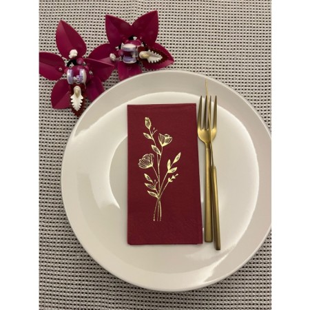 Gold Yaldızlı Vişne Renkli Gelincik Çiçeği Baskılı Garson Katlama Peçete 16 Adet