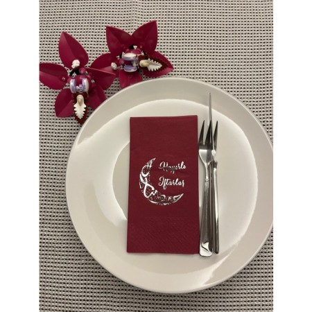 Gümüş Yaldızlı Hayırlı İftarlar Ay Desenli 16 Adet Vişne Renkli Kağıt Peçete