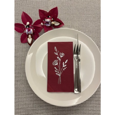 Gümüş Yaldızlı Vişne Renkli Gelincik Çiçeği Baskılı Garson Katlama Peçete 16 Adet