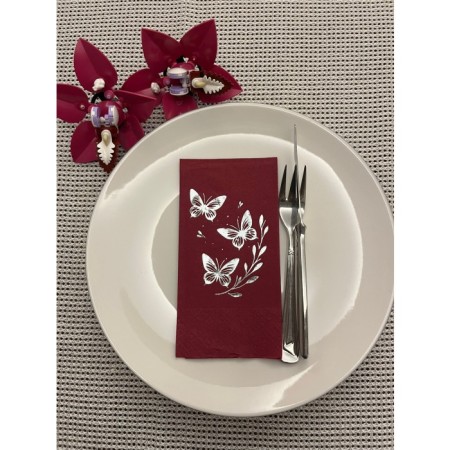 Gümüş Yaldızlı Bordo Kelebek Yaprak Detaylı Peçete 16 Adet