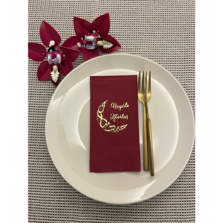 Gold Yaldızlı Hayırlı İftarlar Ay Desenli 16 Adet Vişne Renkli Kağıt Peçete