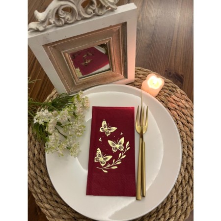 Gold Yaldızlı  Vişne Renkli Kelebek Yaprak Detaylı Peçete 16 Adet