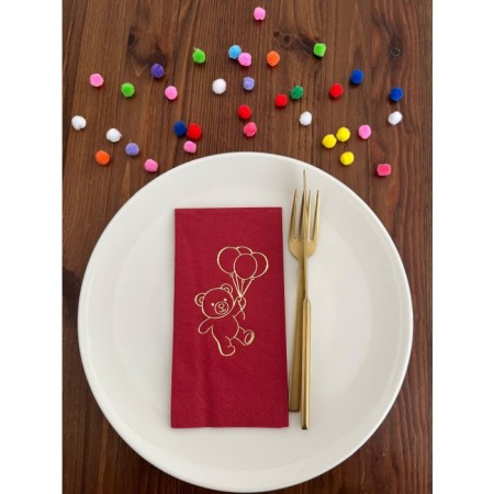 Gold Yaldızlı  Vişne Renkli Sevimli Ayı Baskılı Garson Katlama Peçete 16 Adet