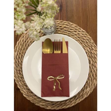 Gold Yaldızlı Vişne Renkli Kanguru  Cepli Fiyonk Peçete 12 Adet