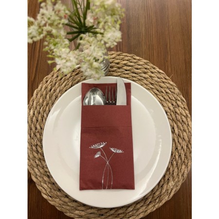 Gümüş Yaldızlı Vişne Renkli Kanguru Cepli Havuç Çiçeği Peçete 12 Adet